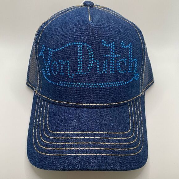 NWT New! VON DUTCH NAVY BLUE STONE DENIM TRUCKER HAT w/RHINESTONE LOGO. main image 9